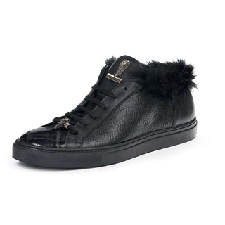 Mauri Designer Shoes Exotic Skin Men's Larice Black Kangaroo Fur & Embossed Nappa Leather Sneakers 8591(MA4817)-AmbrogioShoes