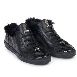 Mauri Designer Shoes Exotic Skin Men's Larice Black Kangaroo Fur & Embossed Nappa Leather Sneakers 8591(MA4817)-AmbrogioShoes