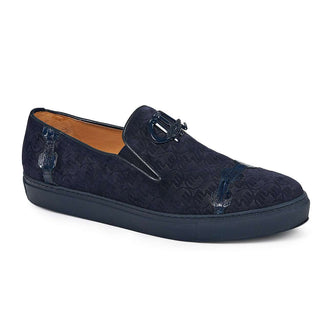 Mauri Designer Shoes Exotic Skin Men's Olmo Wonder Blue Baby Croc & Embossed Suede Loafers 8581(MA4816)(Made to Order)-AmbrogioShoes
