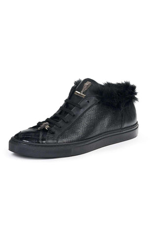 Mauri Designer Shoes Skin Men's Larice Black Kangaroo Fur & Embossed Nappa Sneakers 8591(MA4817)