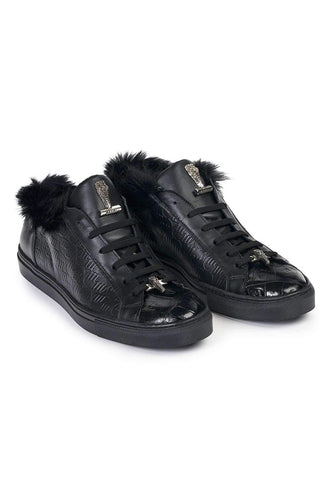 Mauri Designer Shoes Skin Men's Larice Black Kangaroo Fur & Embossed Nappa Sneakers 8591(MA4817)