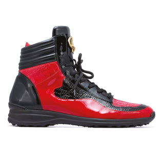 Mauri Flash 8401 Men's Shoes Black & Red Exotic Caiman Crocodile / Patent / Ostrich Leg High-Top Sneakers (MA5279)-AmbrogioShoes