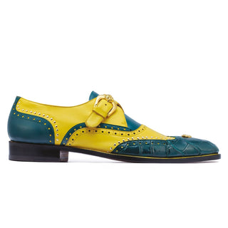 Mauri Godfather 3051 Men's Shoes Forest Green & Yellow Exotic Alligator / Calf-Skin Leather Monk-Strap Loafers (MA5253)-AmbrogioShoes