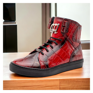 Mauri Golden Boy 6129-1 Men's Shoes Red with Black Finished Exotic Crocodile / Nappa Leather High-Top Sneakers (MA5575)-AmbrogioShoes