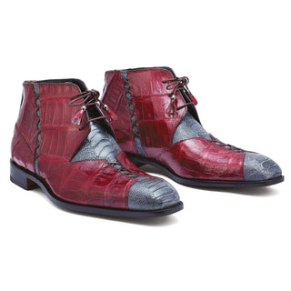 Mauri Harlem 4926 Men's Shoes Gray & Red Exotic Crocodile / Ostrich Leg Chukka Boots (MAS5264)-AmbrogioShoes