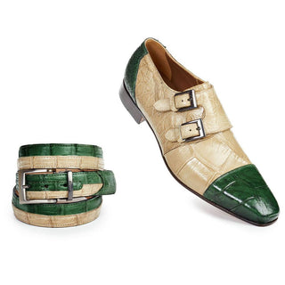 Mauri Men's Bone/Hunter Green Exotic Body Alligator Monkstrap Loafers 1152 (MA4407)(Special Order)-AmbrogioShoes