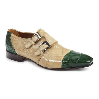 Mauri Men's Bone/Hunter Green Exotic Body Alligator Monkstrap Loafers 1152 (MA4407)(Special Order)-AmbrogioShoes