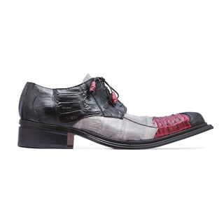 Mauri Piave 44207 Men's Shoes Black / Ruby Red / Gray Exotic Caiman Crocodile / Hornback Derby Oxfords (MA5257)-AmbrogioShoes