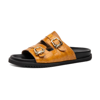 Mauri Reef 5199 Men's Shoes Toffee Exotic Alligator / Ostrich Leg Slip-on Sandals (MA5606)-AmbrogioShoes