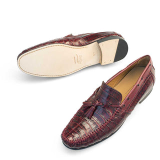 Mezlan 7276-F Tibero Men's Shoes Burgundy Exotic Caiman Crocodile Tassels Moccasin Loafers (MZ3258)-AmbrogioShoes