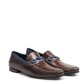 Mezlan 7293-C Men's Shoes Brown & Blue Exotic Caiman Crocodile / Calf-Skin Leather Slip-On Moccasin Loafers (MZ3280)-AmbrogioShoes