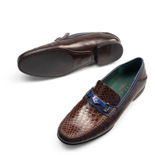 Mezlan 7293-C Men's Shoes Brown & Blue Exotic Caiman Crocodile / Calf-Skin Leather Slip-On Moccasin Loafers (MZ3280)-AmbrogioShoes