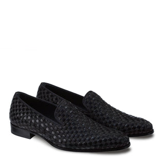 Mezlan 9048 Caba Men's Shoes Black Calf-Skin Leather Woven Venetian Slip On Loafers (MZ3498)-AmbrogioShoes