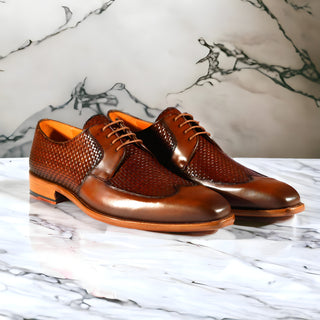 Mezlan 9916 Men's Shoes Cognac Woven / Calf-Skin Leather Opanka Derby Oxfords (MZS3473)-AmbrogioShoes