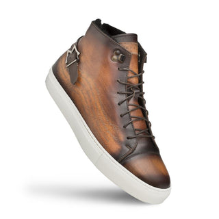 Mezlan A20044 Men's Shoes Cognac Patina Leather Etched Hi-Top Sneakers (MZ3416)-AmbrogioShoes