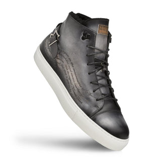 Mezlan A20044 Men's Shoes Gray Patina Leather Etched Hi-Top Sneakers (MZ3415)-AmbrogioShoes