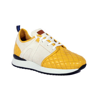 Mezlan A20742 Men's Shoes White & Yellow Suede / Quilted Leather Casual Sneakers (MZS3638)-AmbrogioShoes