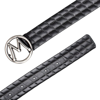 Mezlan AO11529 Black Quilted-Stitched Calf-Skin Leather Circle Icon Men's Belt (MZB1226)-AmbrogioShoes