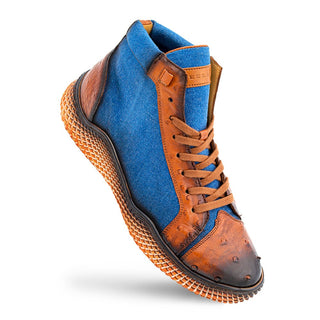 Mezlan R20741 Men's Shoes Brandy & Jeans Exotic Ostrich / Denim Fabric High-Top Sneakers (MZ3627)-AmbrogioShoes