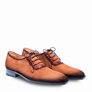 Mezlan Cassel Mens Luxury Shoes Cognac Suede & Alligator Oxfords 4385-J (MZ2617)-AmbrogioShoes
