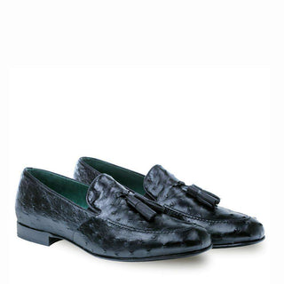 Mezlan Conte Mens Luxury Shoes Black Ostrich Loafers 4394-S (MZ2615)-AmbrogioShoes