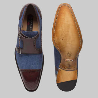 Mezlan Cupido Mens Luxury Shoes Brown & Blue Burnished Calfskin & Linen Fabric Loafers 8276 (MZ2359)-AmbrogioShoes