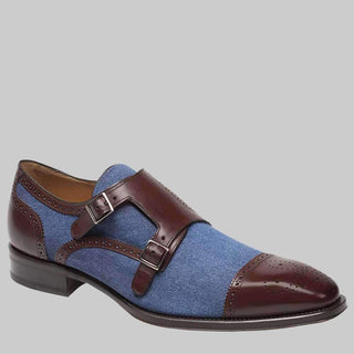 Mezlan Cupido Mens Luxury Shoes Brown & Blue Burnished Calfskin & Linen Fabric Loafers 8276 (MZ2359)-AmbrogioShoes
