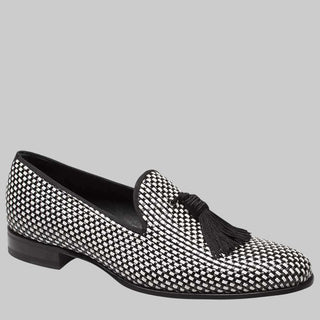Mezlan Egeo Mens Luxury Shoes Black & White Italian Calfskin & Fabric Loafers 8319 (MZ2345)-AmbrogioShoes