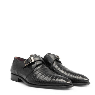 Mezlan Gabels Plain Toe Monk Strap Genuine Crocodile Black Men's Shoes (13778-F)-AmbrogioShoes