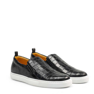 Mezlan Men's Shoes Black Crocodile Print / Calf-Skin Leather Slip-On Loafers 9394 (MZ3201)-AmbrogioShoes