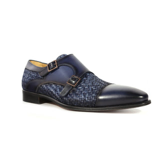 Mezlan Palomar 20688 Men's Shoes Blue Fabric / Calf-Skin Leather Dress/ Formal Monk-Straps Loafers (MZS3623)-AmbrogioShoes