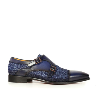 Mezlan Palomar 20688 Men's Shoes Blue Fabric / Calf-Skin Leather Dress/ Formal Monk-Straps Loafers (MZS3623)-AmbrogioShoes