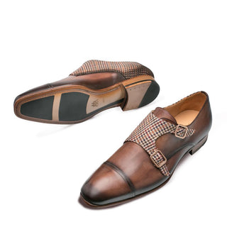 Mezlan Pandora Men's Shoes Brown Fabric / Calf-Skin Leather Monkstraps Loafers 9375 (MZ3147)-AmbrogioShoes