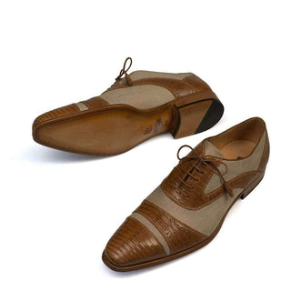 Mezlan Perseo Mens Luxury Shoes Camel & Natural Lizard & Linen Fabric Oxfords 4318-L (MZ2386)-AmbrogioShoes