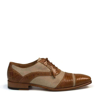 Mezlan Perseo Mens Luxury Shoes Camel & Natural Lizard & Linen Fabric Oxfords 4318-L (MZ2386)-AmbrogioShoes