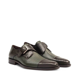 Mezlan Phoenix Men's Shoes Green Olive Deer-Skin / Calf-Skin Leather Monk-Straps Loafers 16505 (MZ3192)-AmbrogioShoes