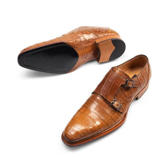 Mezlan Prague Men's Shoes Camel Exotic Caiman Crocodile Monk-Straps Loafers 3998-F (MZ3190)-AmbrogioShoes