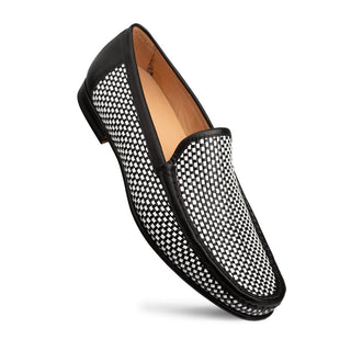 Mezlan R7387 Men's Shoes Black & White Woven Leather Slip-On Moccassin Loafers (MZ35679)-AmbrogioShoes