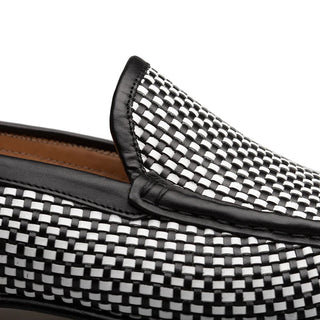 Mezlan R7387 Men's Shoes Black & White Woven Leather Slip-On Moccassin Loafers (MZ35679)-AmbrogioShoes