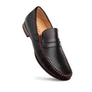 Mezlan R7388 Men's Shoes Black Peforated Calf-Skin Leather Penny Moccassin Loafers (MZ35671)-AmbrogioShoes