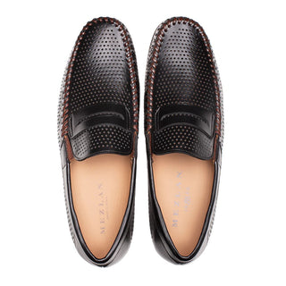 Mezlan R7388 Men's Shoes Black Peforated Calf-Skin Leather Penny Moccassin Loafers (MZ35671)-AmbrogioShoes