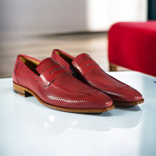 Mezlan S20296 Men's Shoes Burgundy Perforated Leather Classic Penny Loafers (MZS3482)-AmbrogioShoes