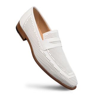 Mezlan S20296 Men's Shoes White Perforated Leather Classic Penny Loafers (MZ3487)-AmbrogioShoes