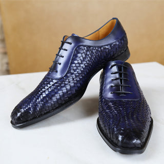 Mezlan S20702 Men's Shoes Blue Woven Leather Dress/ Formal Laceup Oxfords (MZS3617)-AmbrogioShoes