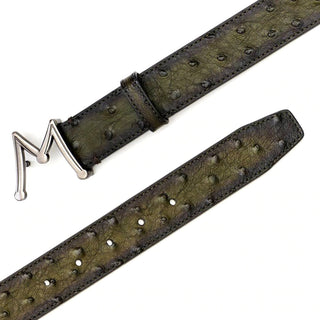 Mezlan SXB11493S Olive Exotic Ostrich Floating Icon Men's Belt (MZB1214)-AmbrogioShoes