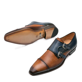 Mezlan Saber Men's Shoes Tan and Blue Calf-Skin Leather Monkstraps Loafers 9420 (MZ3136)-AmbrogioShoes