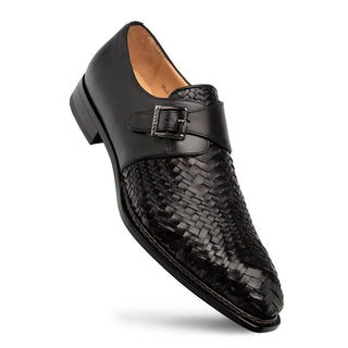 Mezlan Temi 21069 Men's Shoes Black Woven / Calf-Skin Leather Single Monk-Strap Loafers (MZ3742)-AmbrogioShoes