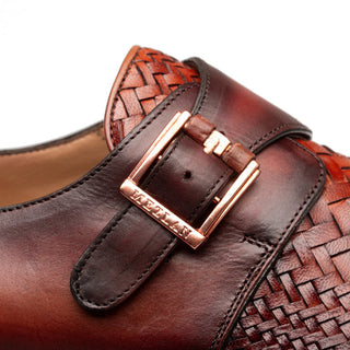 Mezlan Temi 21069 Men's Shoes Cognac & Rust Woven / Calf-Skin Leather Single Monk-Strap Loafers (MZ3741)-AmbrogioShoes