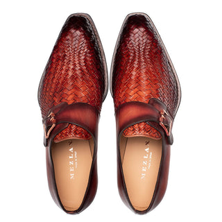 Mezlan Temi 21069 Men's Shoes Cognac & Rust Woven / Calf-Skin Leather Single Monk-Strap Loafers (MZ3741)-AmbrogioShoes