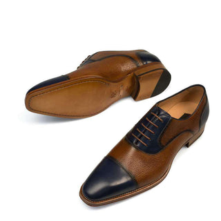 Mezlan Verino Mens Luxury Shoes Blue & Tan Hand-Burnished Calfskin Oxfords 8248 (MZ2364)-AmbrogioShoes